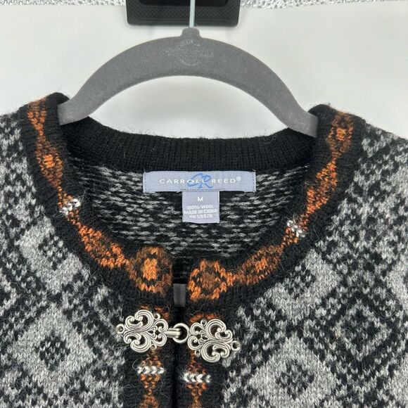 Vintage Caroll Reed Cardigan Sweater Fair Isle Wool Metal Frog Clasp Nordic - Picture 2 of 10